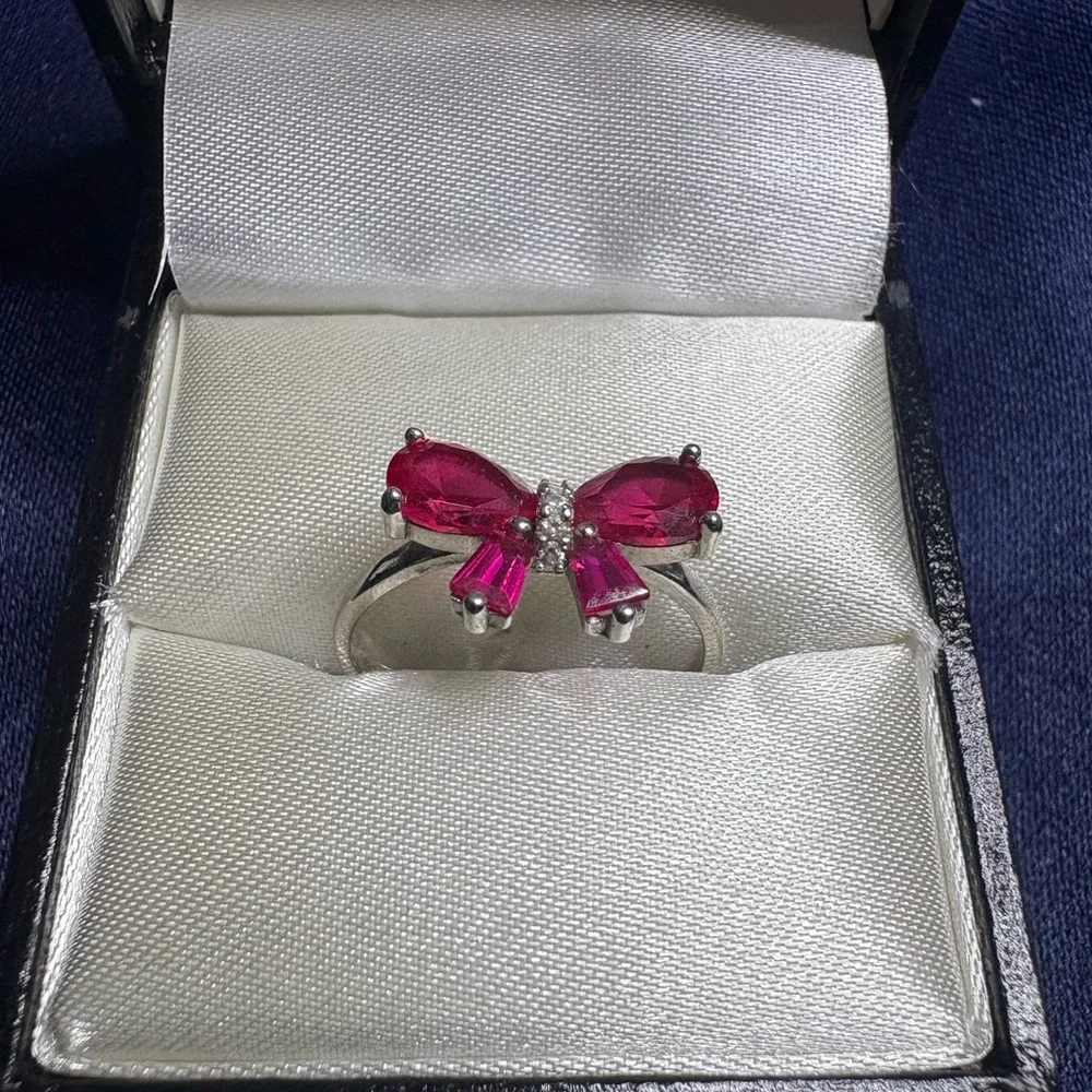 Red Ribbon Bow Ring Sterling Silver Ruby & Pave CZs - Picture 6 of 7